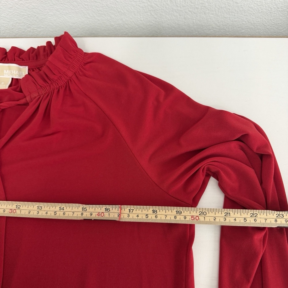 Michael Kors Red Blouse Size Small Ruffle V Neck Long Sleeve Romantic Classic - Picture 7 of 8